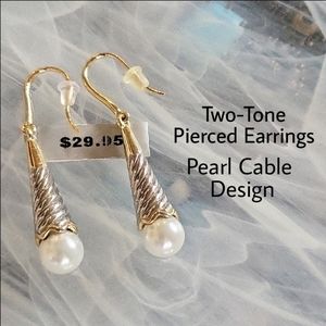 Earrings Cable Pearl Drop Two-Tone Design